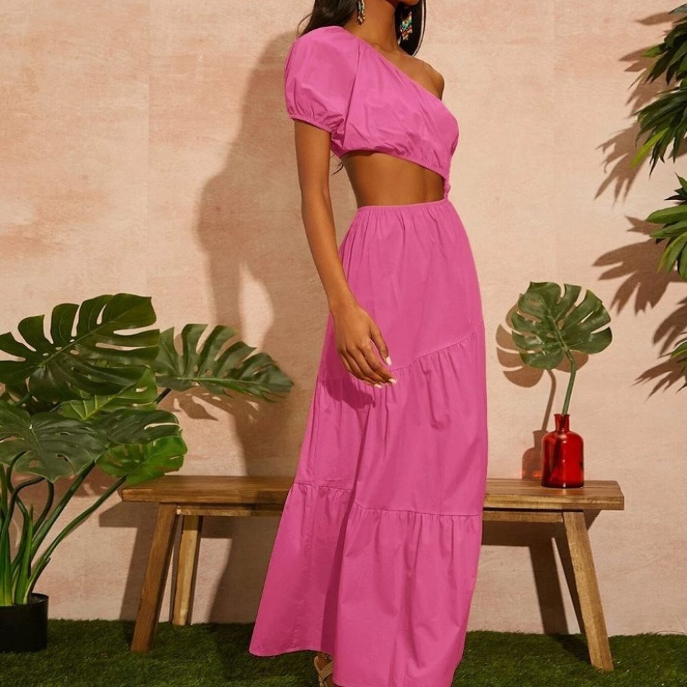 PINK PUFF SLEEVE ONE SHOULDER WAIST CUT OUT DETAIL MAXI DRESS SUMMER VACAY - Picture 3 of 6